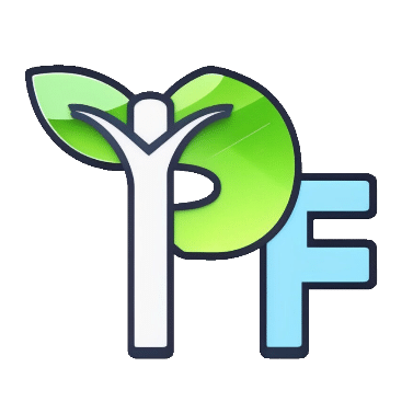Our Logo: A green leaf and a person forming the P in PF alongside a blue F, representing growth and sustainability.